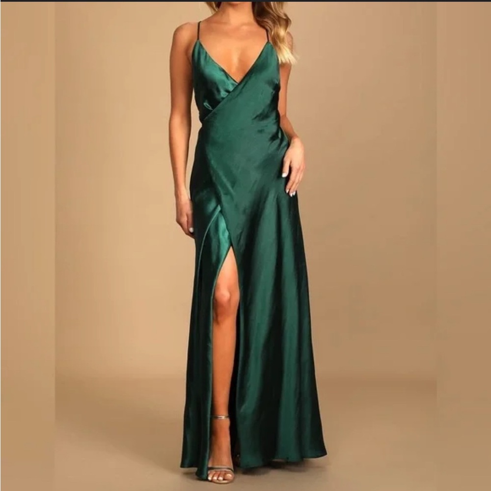 Lulus Dark Green Satin Wrap Bridesmaid Gown